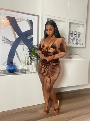 Brown Velvet Ruched Dress