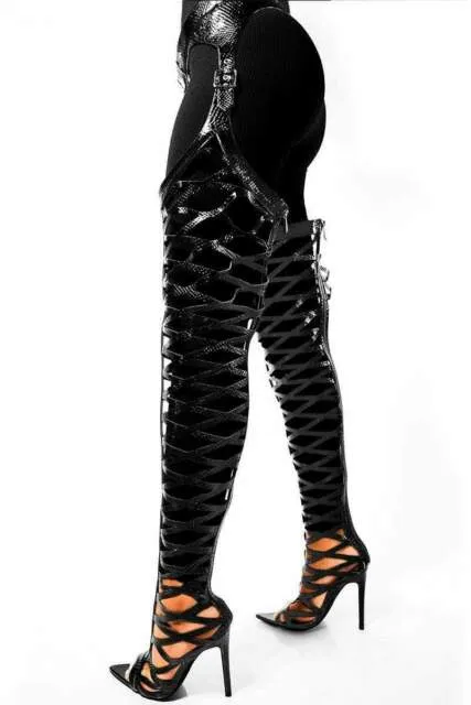 Cape Robbin TRAIN STRAPPY BELTED WAIST BLACK THIGH HIGH STILETTO CHAP BOOTS