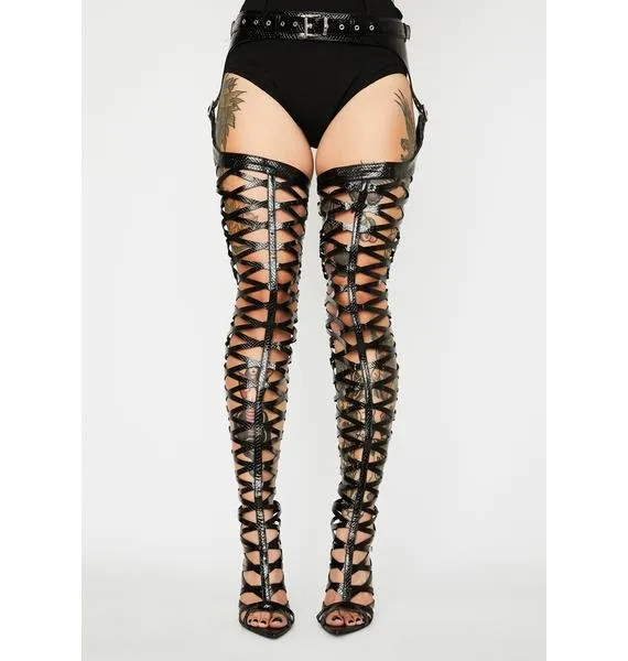 Cape Robbin TRAIN STRAPPY BELTED WAIST BLACK THIGH HIGH STILETTO CHAP BOOTS