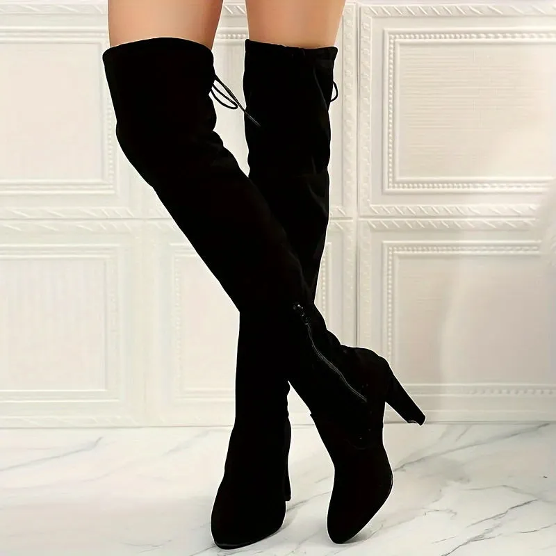 Chic Thigh High Boots Round Toe Ultrahigh Heel Flannel