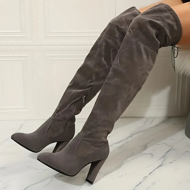 Chic Thigh High Boots Round Toe Ultrahigh Heel Flannel