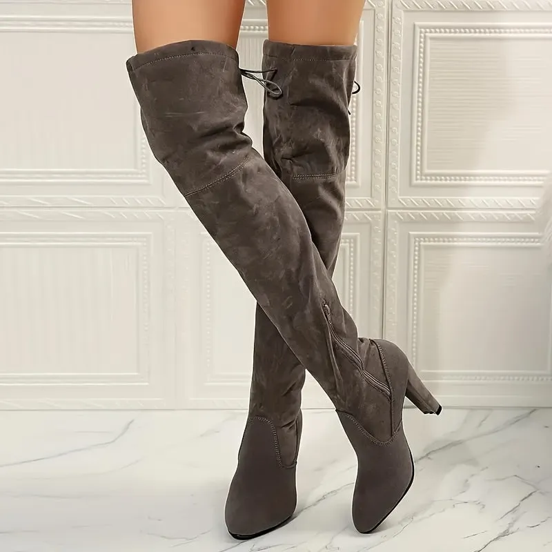 Chic Thigh High Boots Round Toe Ultrahigh Heel Flannel
