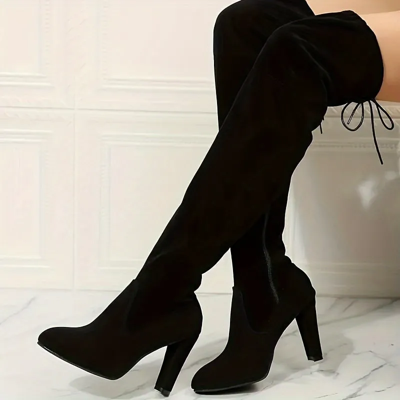 Chic Thigh High Boots Round Toe Ultrahigh Heel Flannel