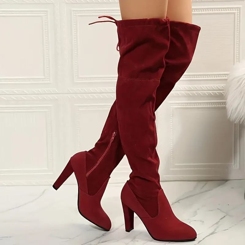 Chic Thigh High Boots Round Toe Ultrahigh Heel Flannel