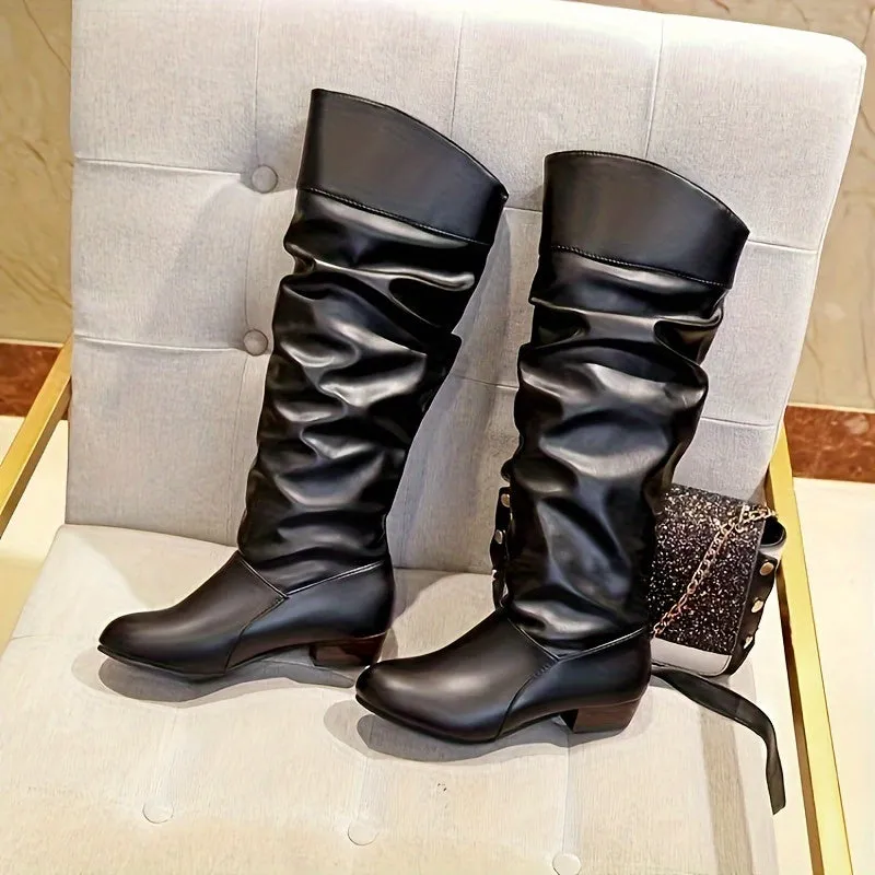 Chic Womens Pleated Chunky Heel Boots for Stylish Outfits