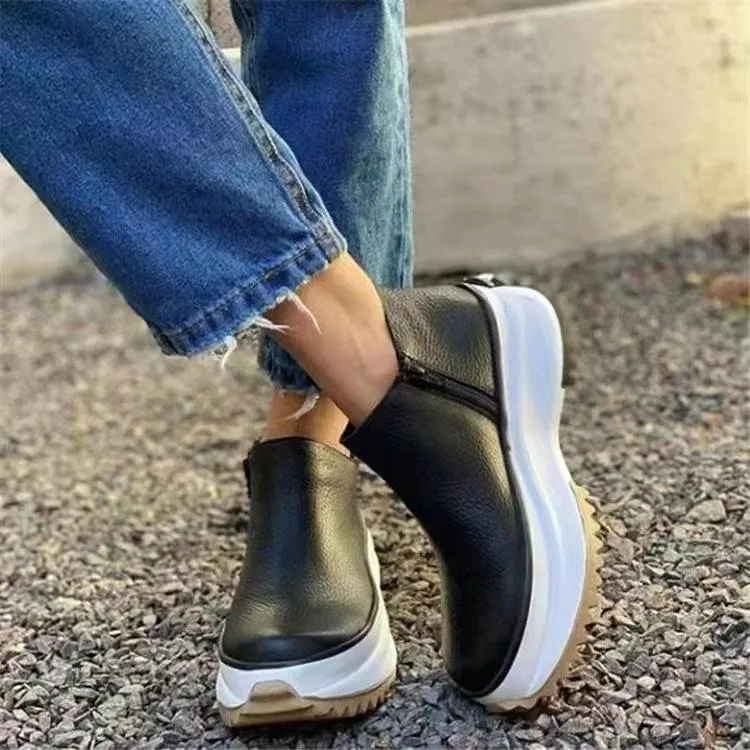 Chunky platform slip on shoes round toe ankle booties