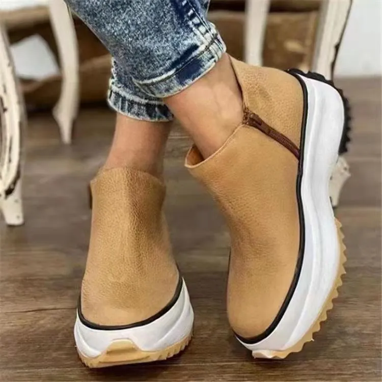 Chunky platform slip on shoes round toe ankle booties