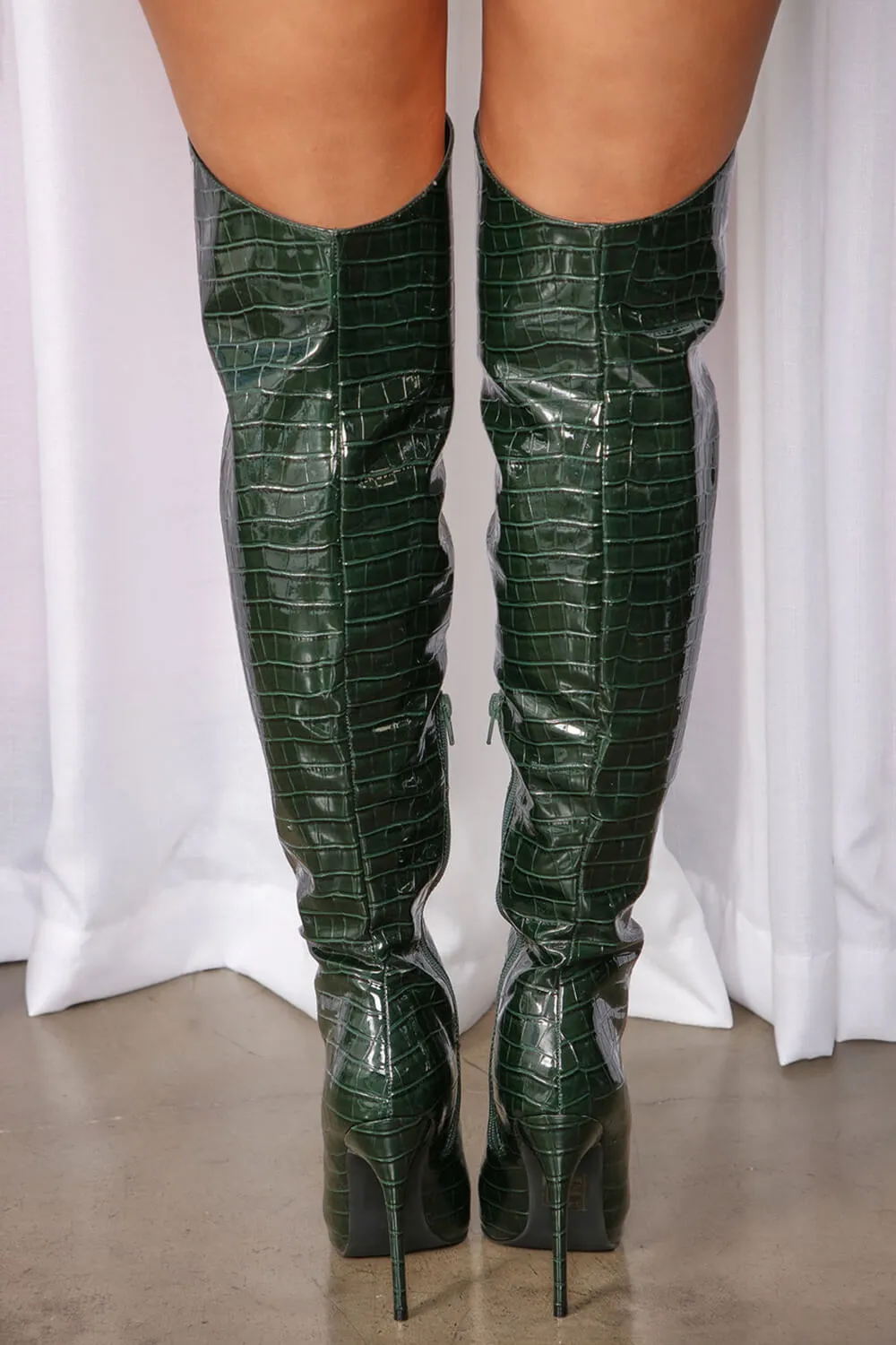 Croc Pointed Toe Thigh High Stiletto Boots
