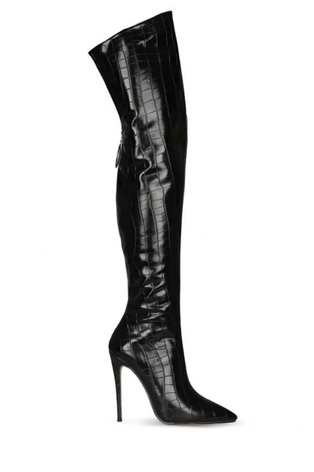 Croc Pointed Toe Thigh High Stiletto Boots