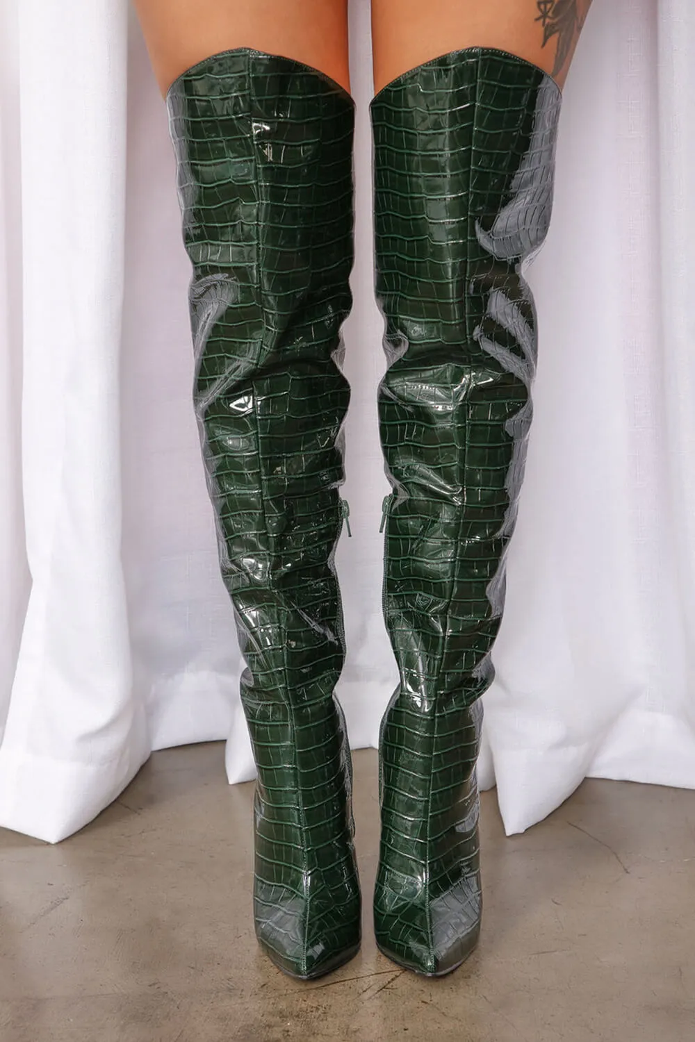 Croc Pointed Toe Thigh High Stiletto Boots
