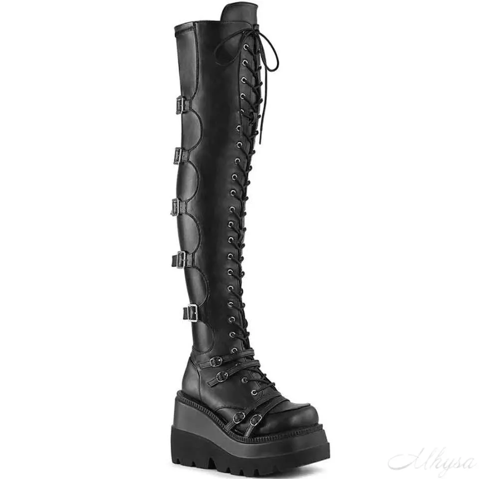 Design Female High Platform Thigh High Boots Fashion Buckle Punk High Heels Boots Women Cosplay Wedges Boots Woman Botas Mujer