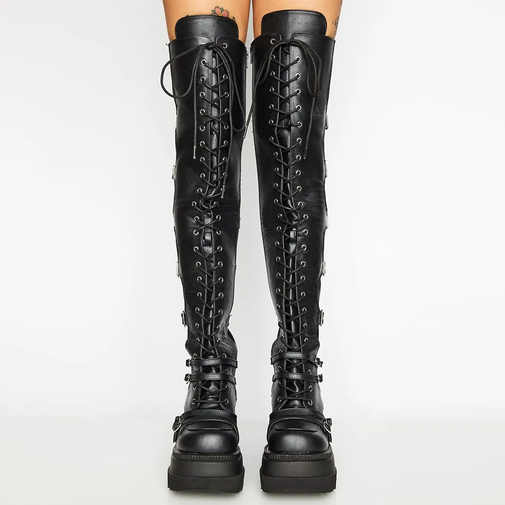 Design Female High Platform Thigh High Boots Fashion Buckle Punk High Heels Boots Women Cosplay Wedges Boots Woman Botas Mujer
