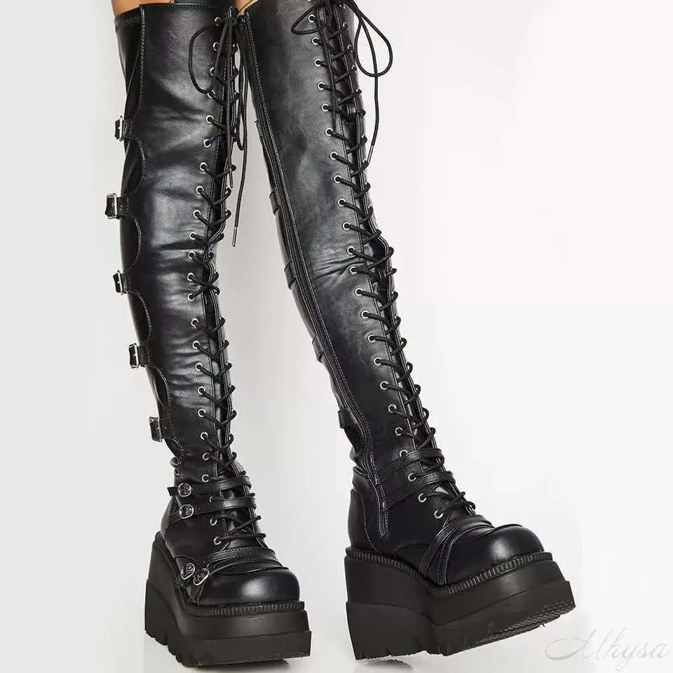 Design Female High Platform Thigh High Boots Fashion Buckle Punk High Heels Boots Women Cosplay Wedges Boots Woman Botas Mujer