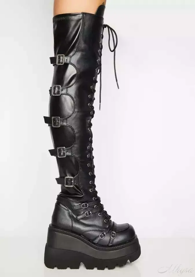 Design Female High Platform Thigh High Boots Fashion Buckle Punk High Heels Boots Women Cosplay Wedges Boots Woman Botas Mujer