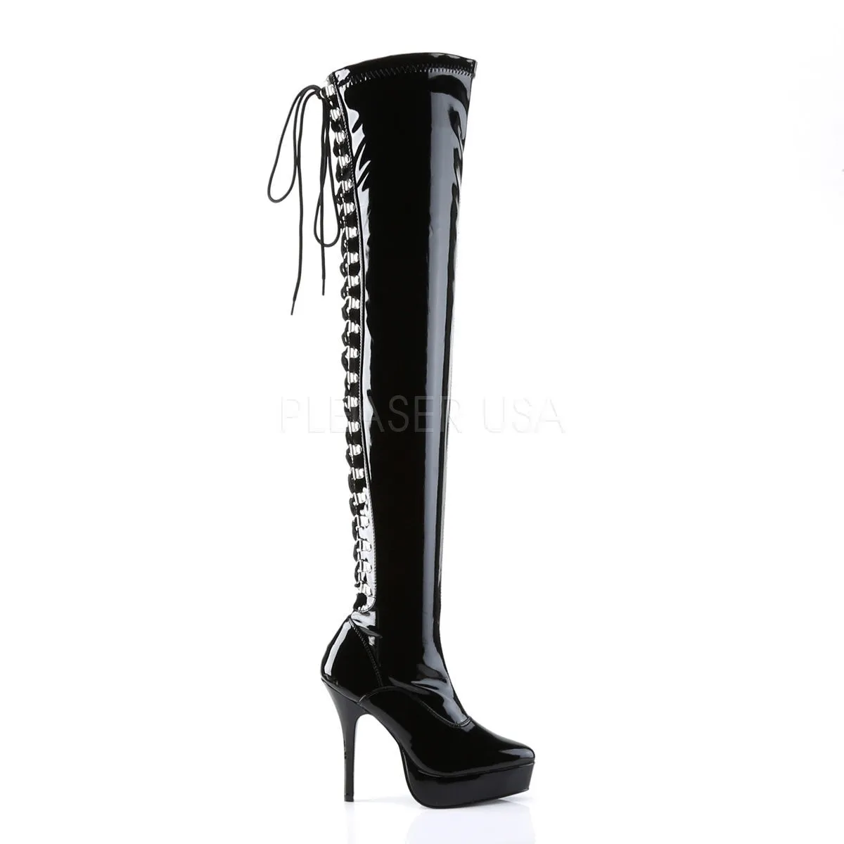 DEVIOUS INDULGE-3063 Black Stretch Pat Thigh High Boots