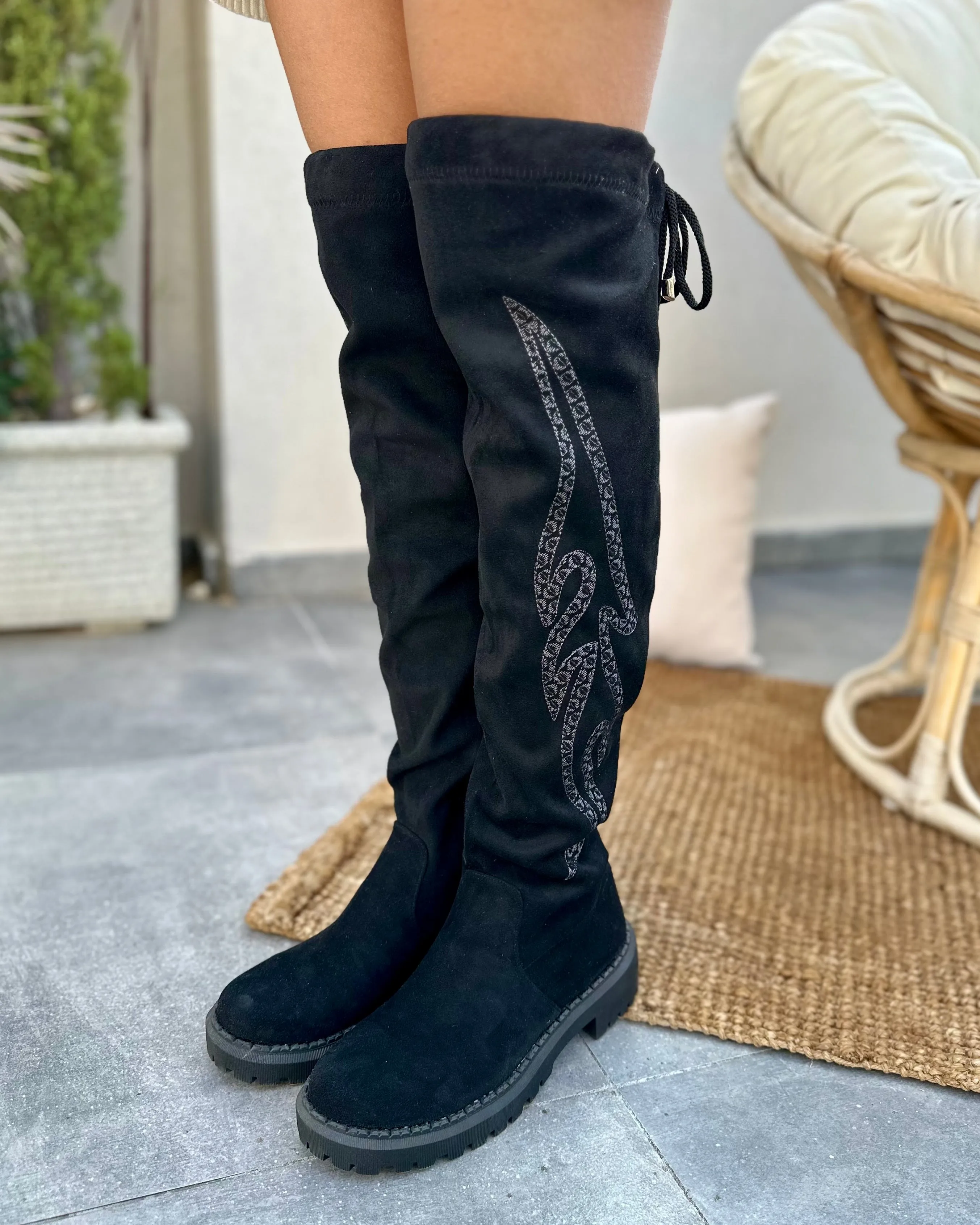 EMBROIDERED SUEDE THIGH HIGH BOOTS - BLACK