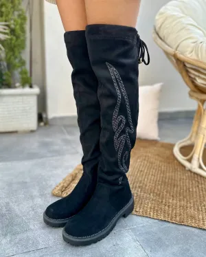 EMBROIDERED SUEDE THIGH HIGH BOOTS - BLACK