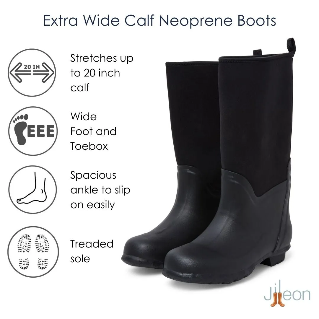 Extra Wide Calf Neoprene Rubber Rain Boots - Black - Up to 20 inch Calf - Wide in Foot and Ankle