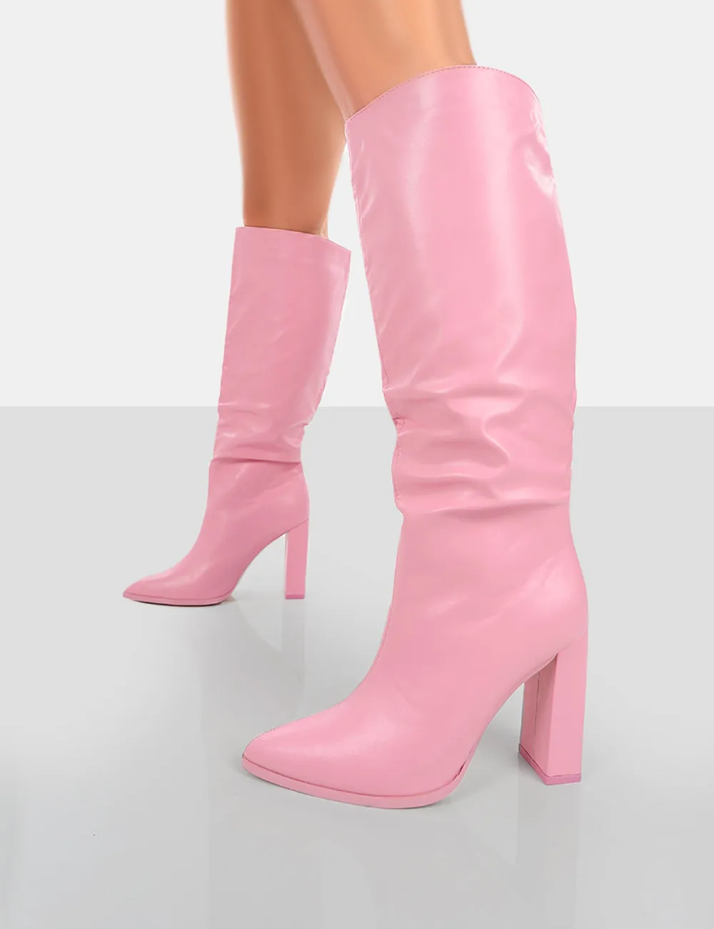 Far Away Pink Grain PU Square Toe Knee High Boots
