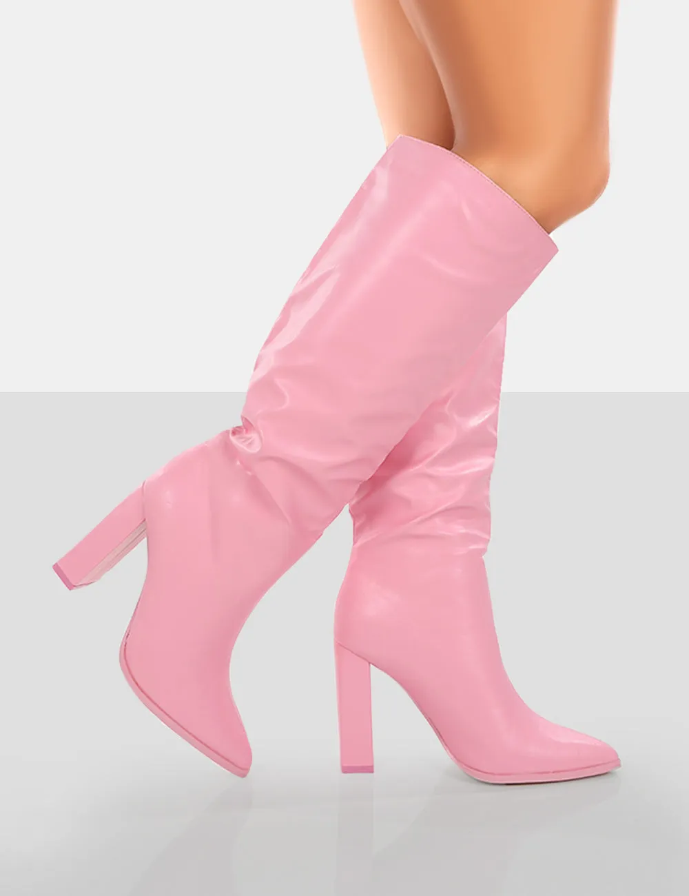 Far Away Pink Grain PU Square Toe Knee High Boots