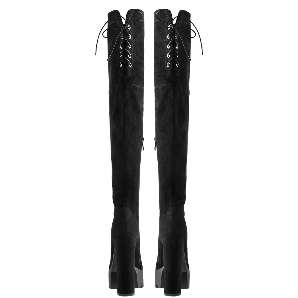 Faux Suede Lace Up Round Toe Thigh High Winter Bootie