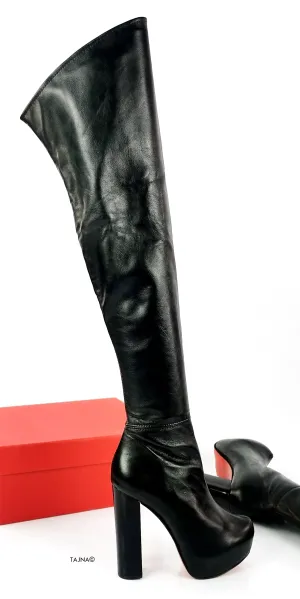 Genuine Leather Black Thigh High Chunky Boots
