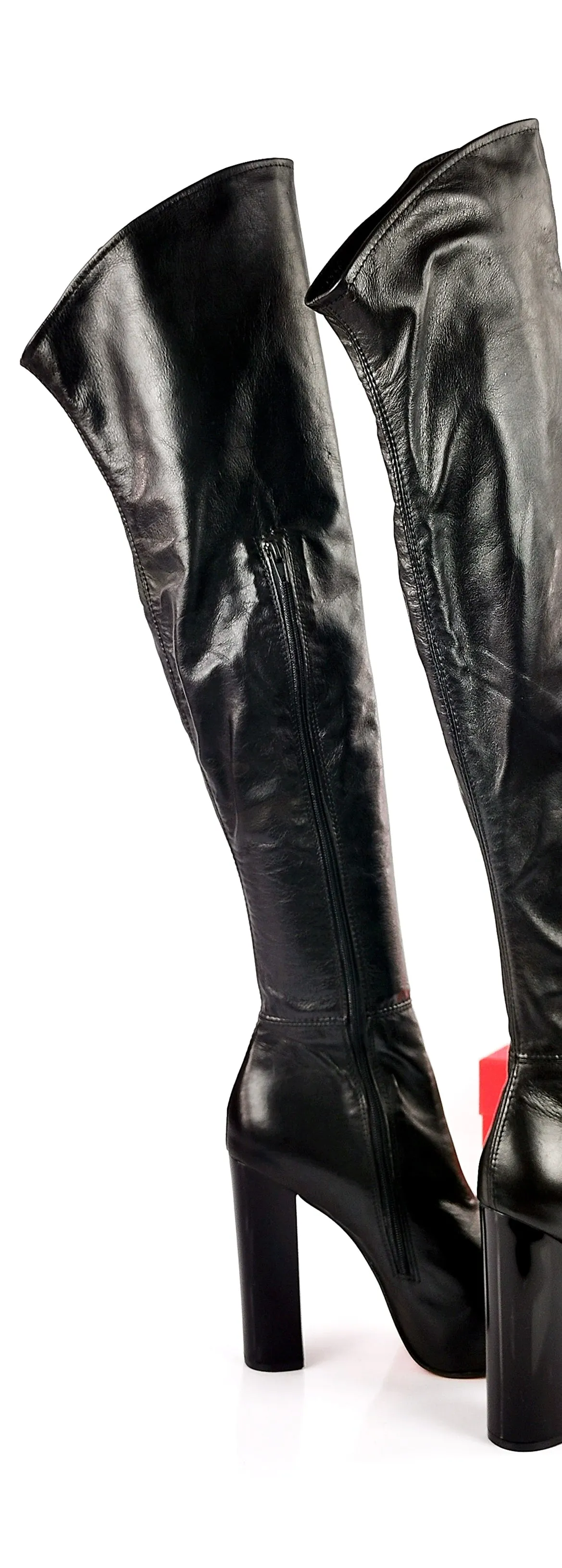 Genuine Leather Black Thigh High Chunky Boots