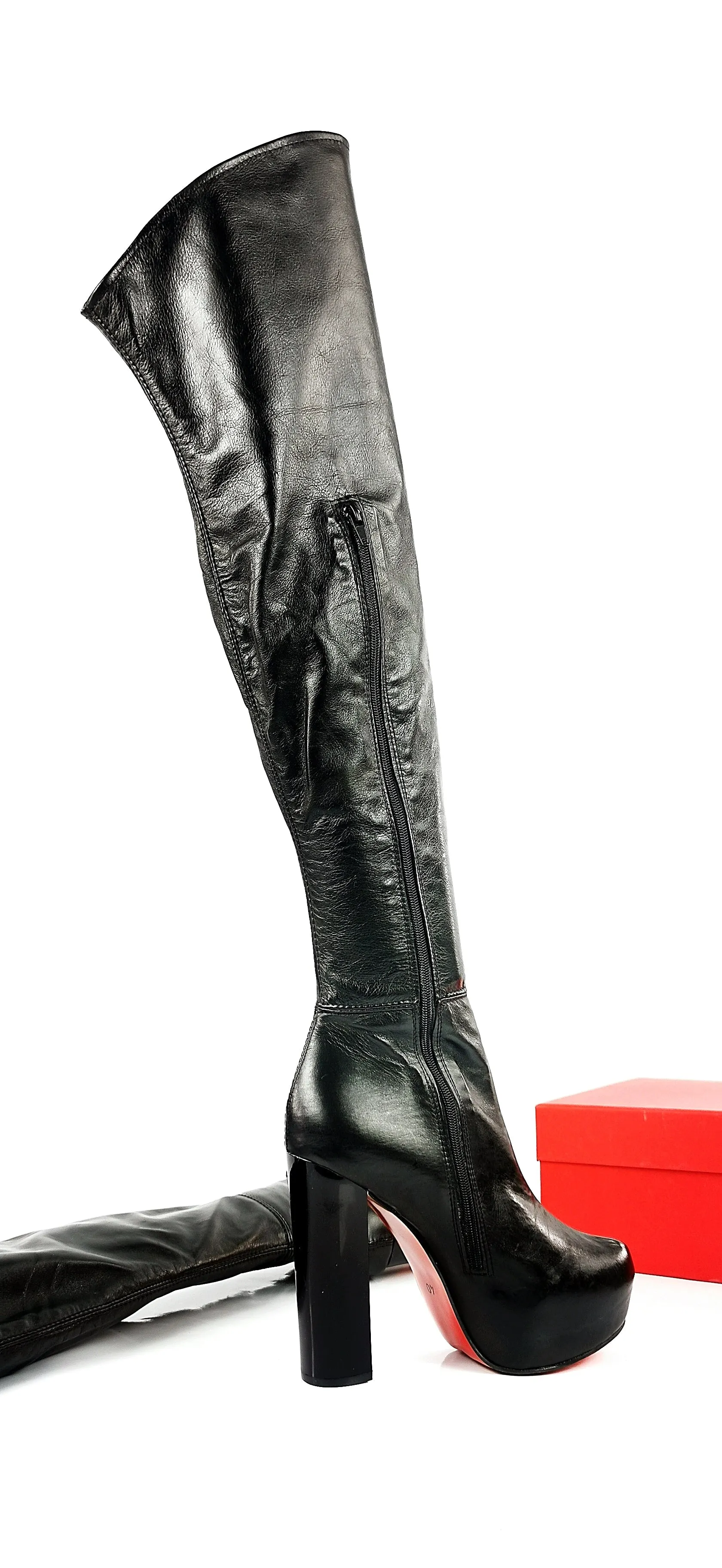 Genuine Leather Black Thigh High Chunky Boots