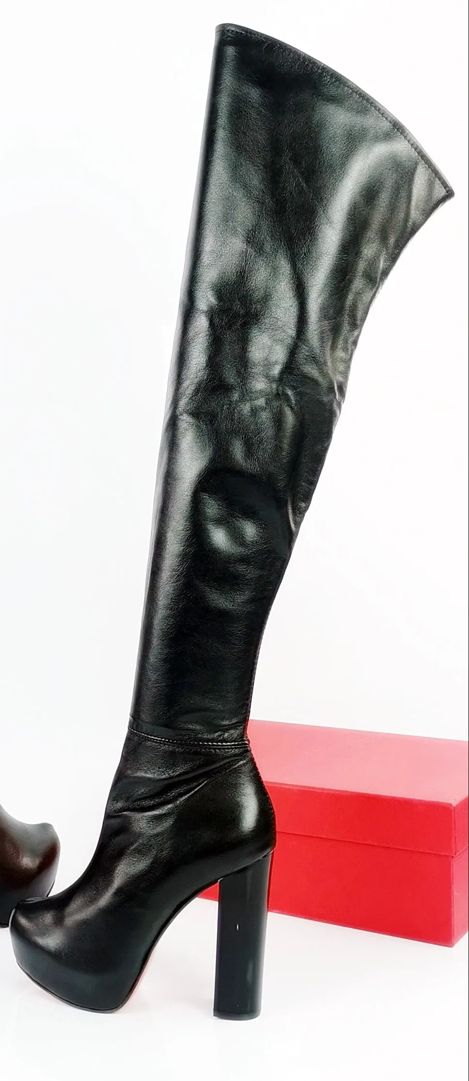 Genuine Leather Black Thigh High Chunky Boots