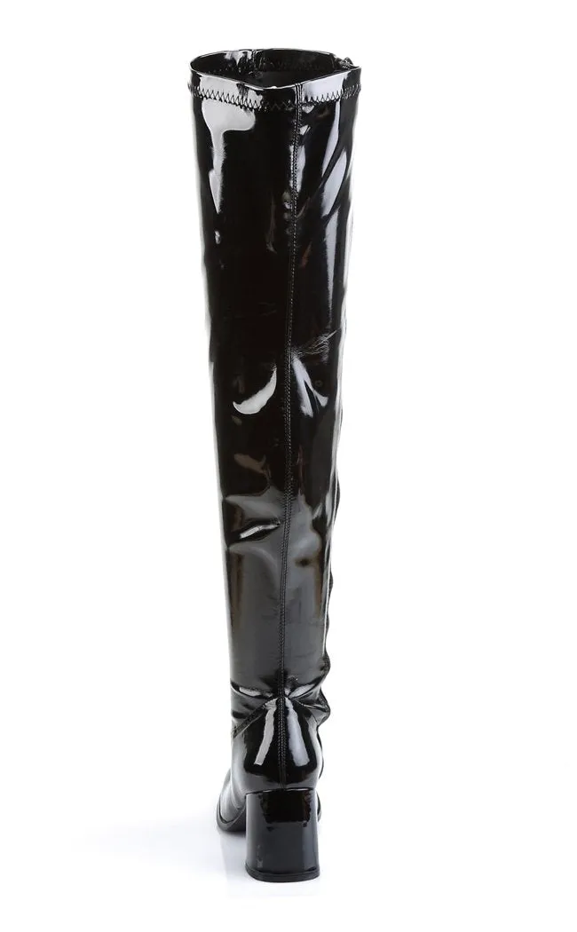GOGO-3000 Black Stretch Patent Thigh High Boots