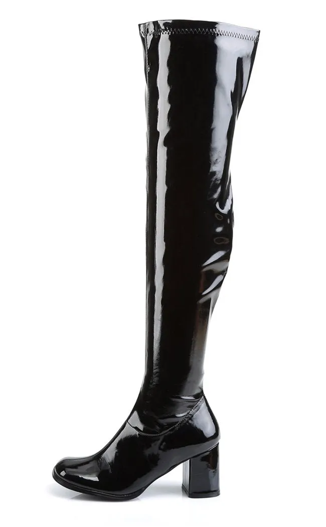 GOGO-3000 Black Stretch Patent Thigh High Boots