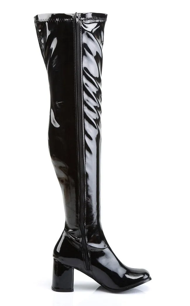 GOGO-3000 Black Stretch Patent Thigh High Boots