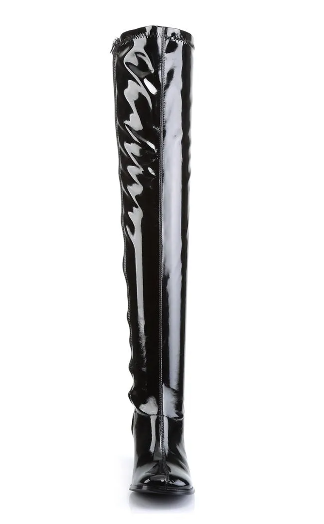 GOGO-3000 Black Stretch Patent Thigh High Boots