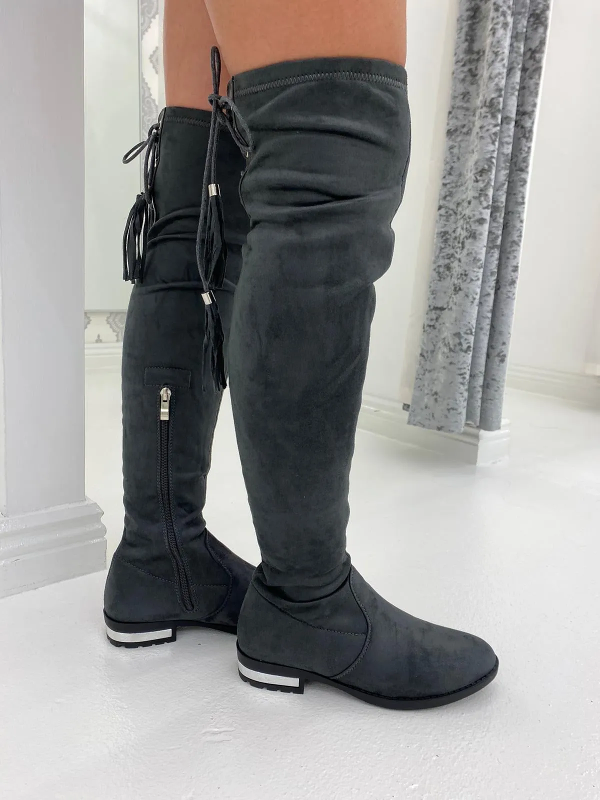 Grey Faux Suede Over The Knee Boots
