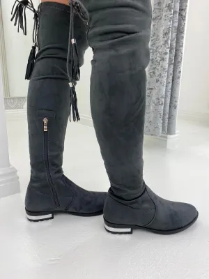 Grey Faux Suede Over The Knee Boots