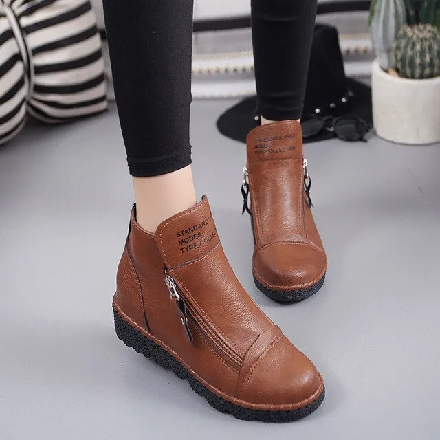 Handmade Ankle Boots for Women – Retro Fur Slip-On Soft Leather Winter Warm Boots, Fashionable Ladies Shoes