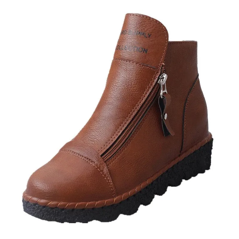 Handmade Ankle Boots for Women – Retro Fur Slip-On Soft Leather Winter Warm Boots, Fashionable Ladies Shoes