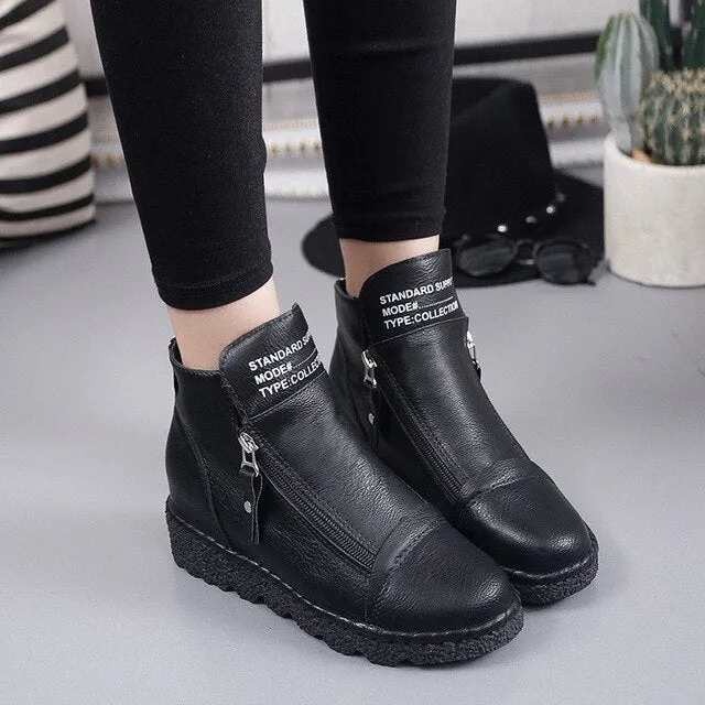 Handmade Ankle Boots for Women – Retro Fur Slip-On Soft Leather Winter Warm Boots, Fashionable Ladies Shoes