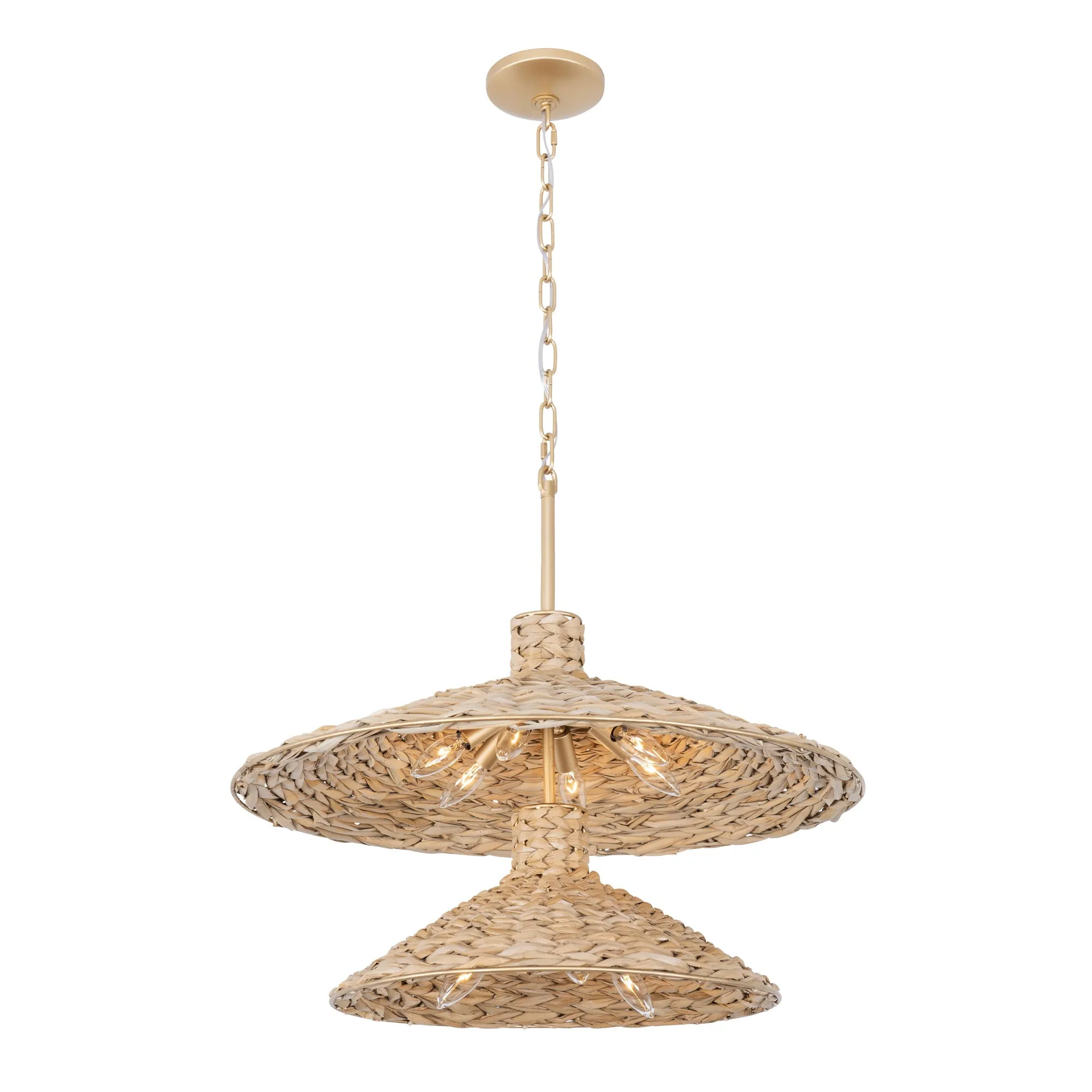 Hilton Head 502P09FGN 9-Light 2-Tier Pendant Light - French Gold/Natural Seagrass