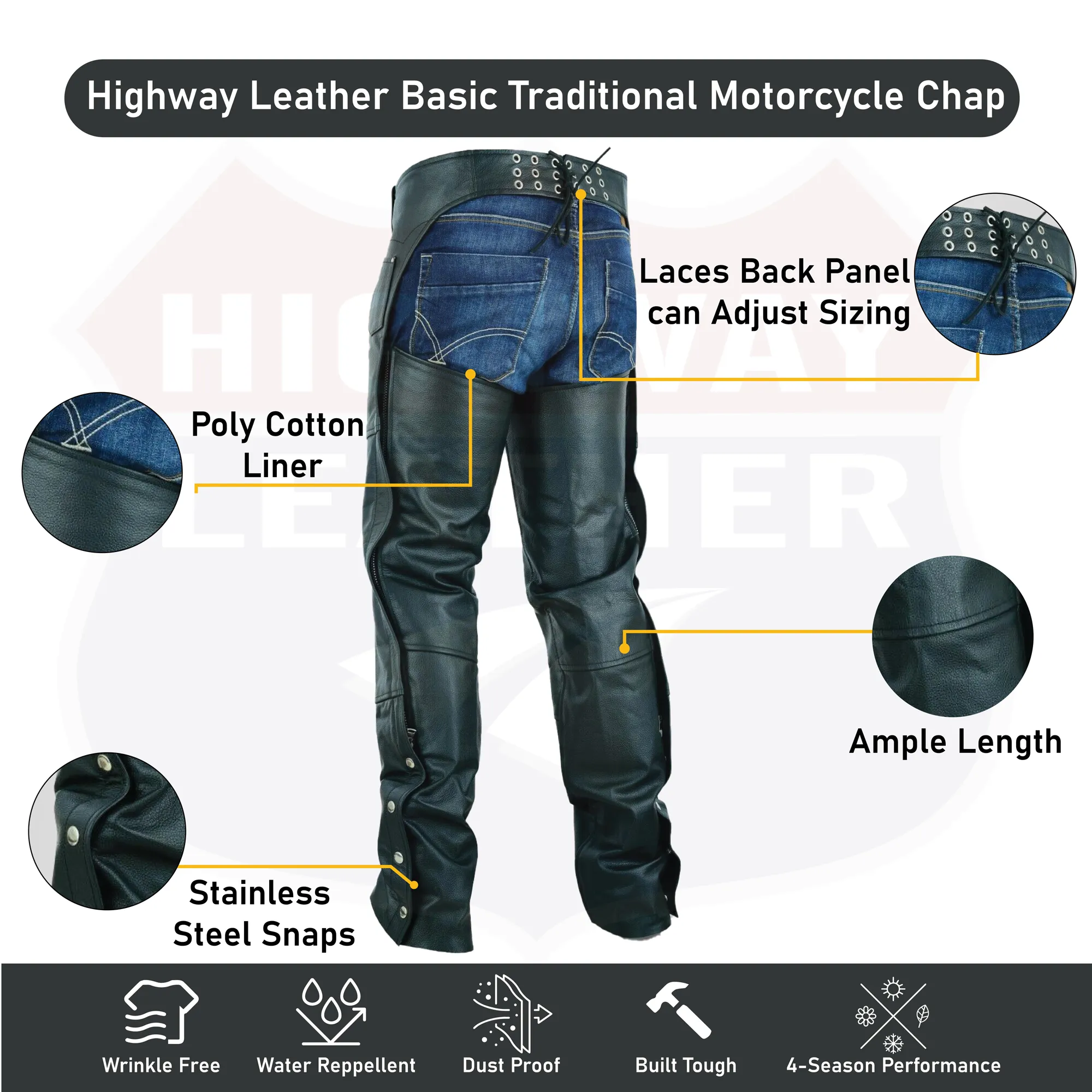 HL12800TALL - Tall Black Plain leather chap - Longer length - 4 inch extra long.