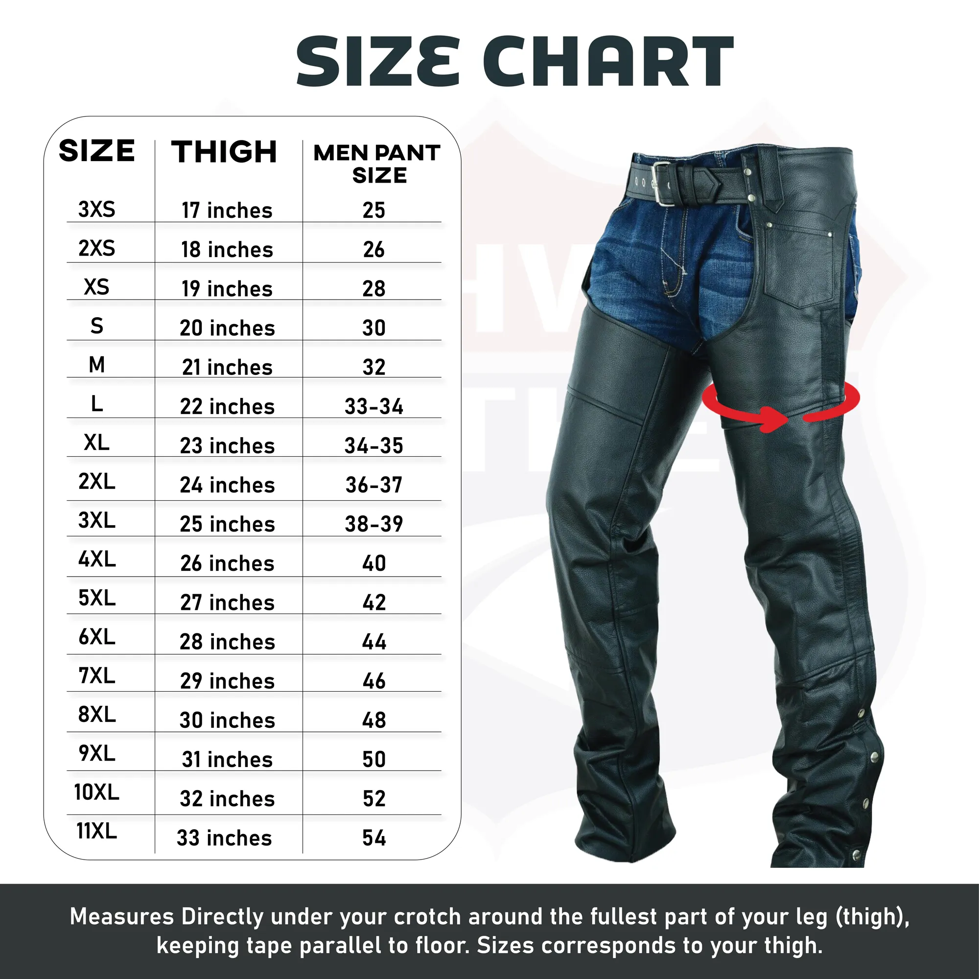 HL12800TALL - Tall Black Plain leather chap - Longer length - 4 inch extra long.