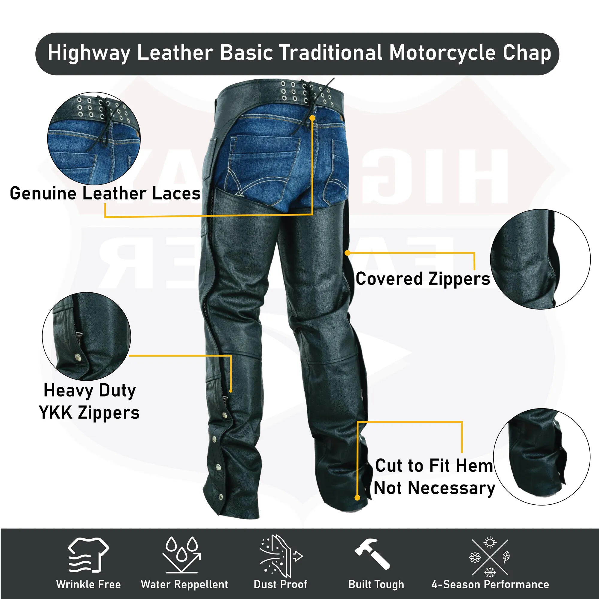 HL12800TALL - Tall Black Plain leather chap - Longer length - 4 inch extra long.