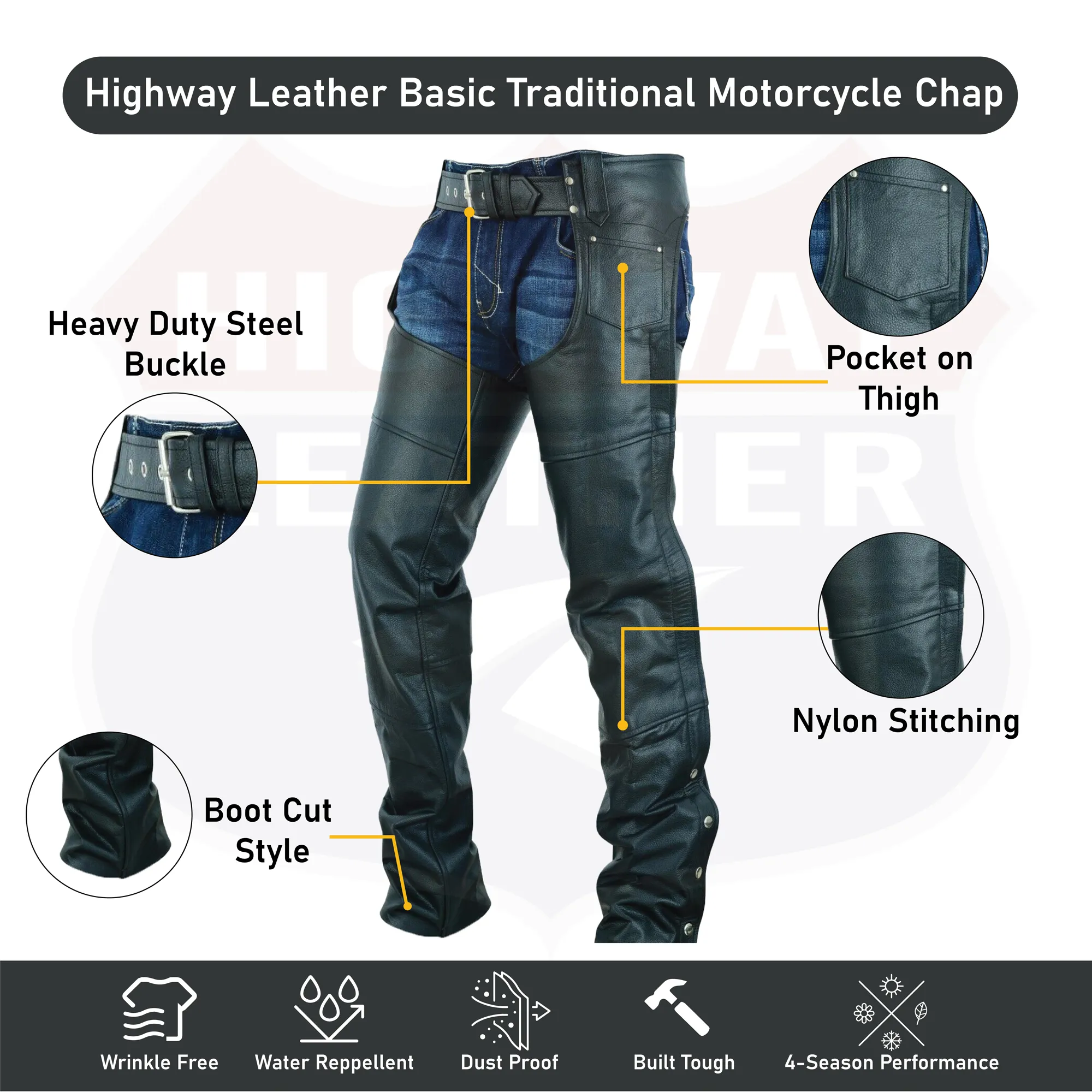 HL12800TALL - Tall Black Plain leather chap - Longer length - 4 inch extra long.