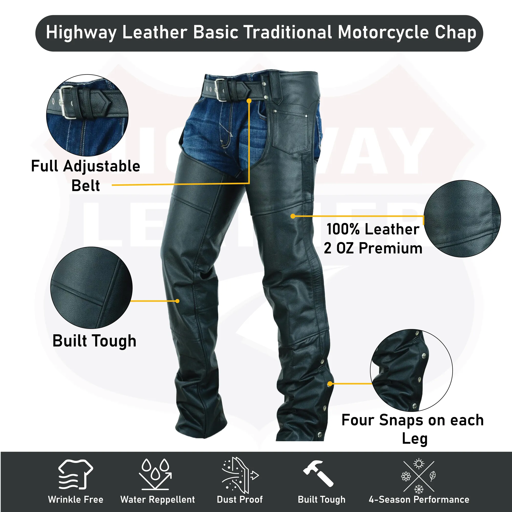 HL12800TALL - Tall Black Plain leather chap - Longer length - 4 inch extra long.