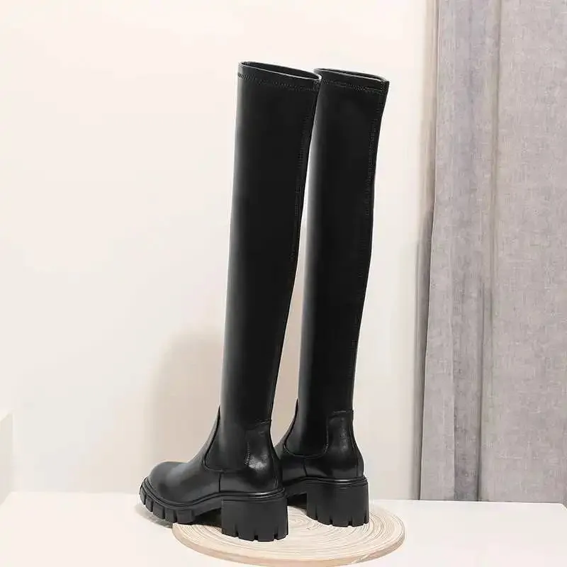 Hnzxzm Big Size Cow Leather Stretch Over-the-knee Boots Platform Round Toe High Heels Winter Women Warm Thigh High Boots
