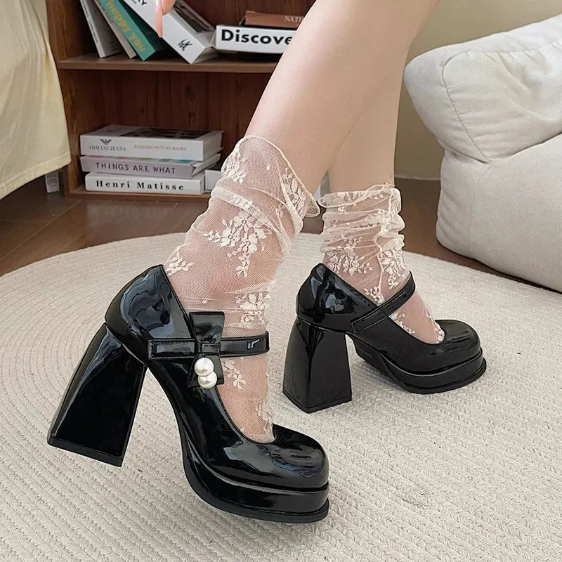 Hnzxzm Fashion Black White Platform Pumps for Women Bowknot Strap Thick Heels Mary Jane Shoes Woman Sweet High Heel Party Shoes Ladies