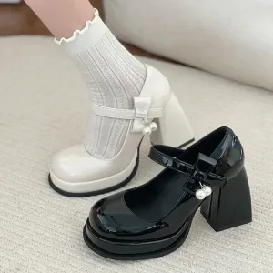 Hnzxzm Fashion Black White Platform Pumps for Women Bowknot Strap Thick Heels Mary Jane Shoes Woman Sweet High Heel Party Shoes Ladies