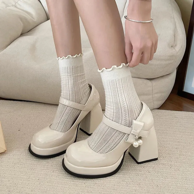 Hnzxzm Fashion Black White Platform Pumps for Women Bowknot Strap Thick Heels Mary Jane Shoes Woman Sweet High Heel Party Shoes Ladies