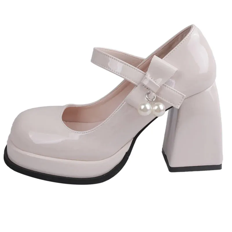 Hnzxzm Fashion Black White Platform Pumps for Women Bowknot Strap Thick Heels Mary Jane Shoes Woman Sweet High Heel Party Shoes Ladies
