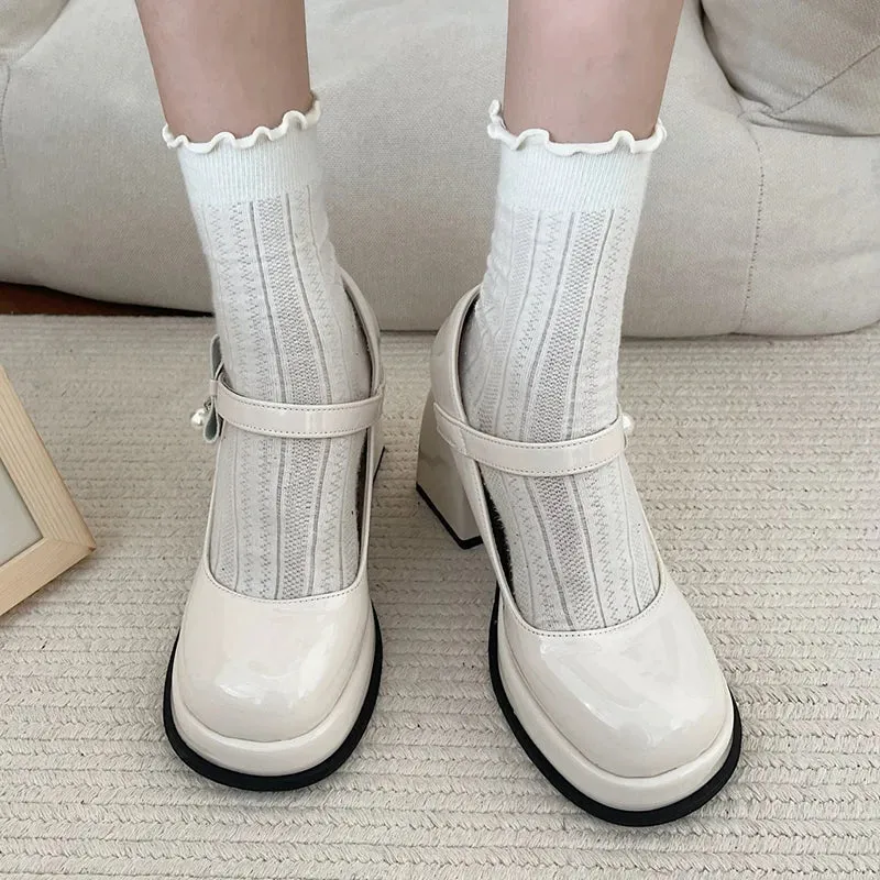 Hnzxzm Fashion Black White Platform Pumps for Women Bowknot Strap Thick Heels Mary Jane Shoes Woman Sweet High Heel Party Shoes Ladies